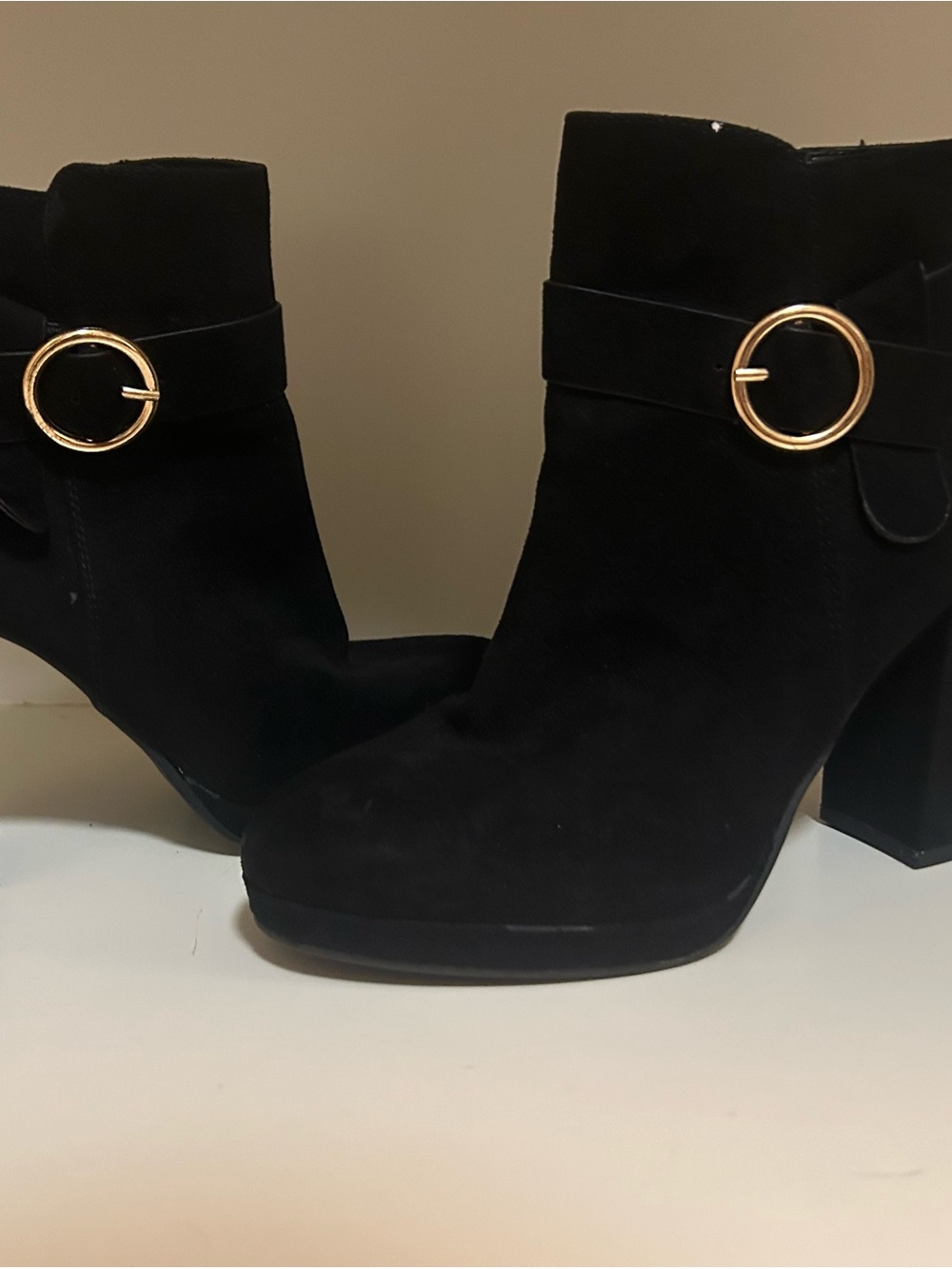 LC Lauren Conrad Black Suede Ankle Boots with Gold Accent